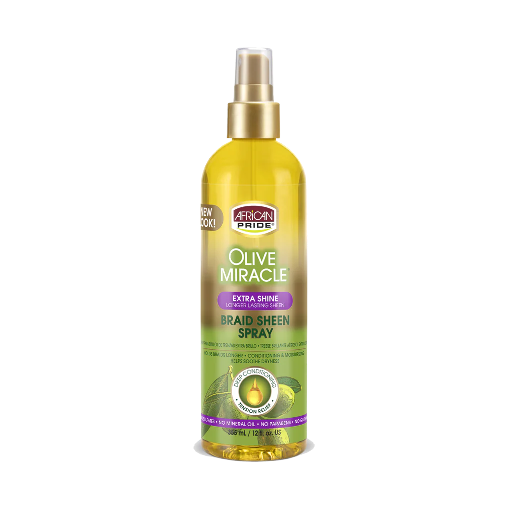 African Pride OLIVE MIRACLE BRAID SHEEN SPRAY, EXTRA SHINE, 12 OZ