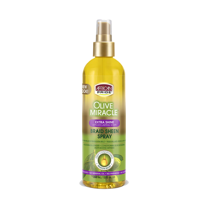 African Pride OLIVE MIRACLE BRAID SHEEN SPRAY, EXTRA SHINE, 12 OZ
