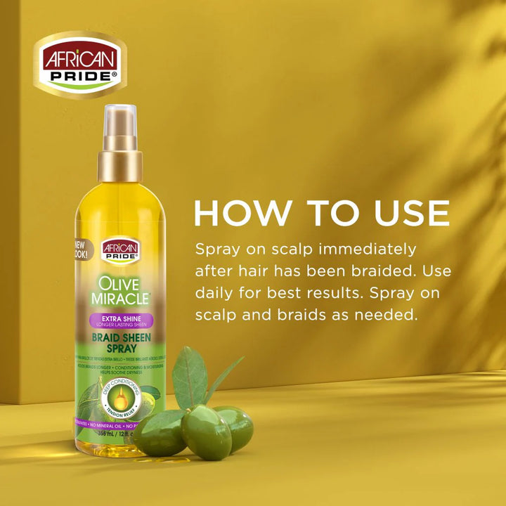 African Pride OLIVE MIRACLE BRAID SHEEN SPRAY, EXTRA SHINE, 12 OZ