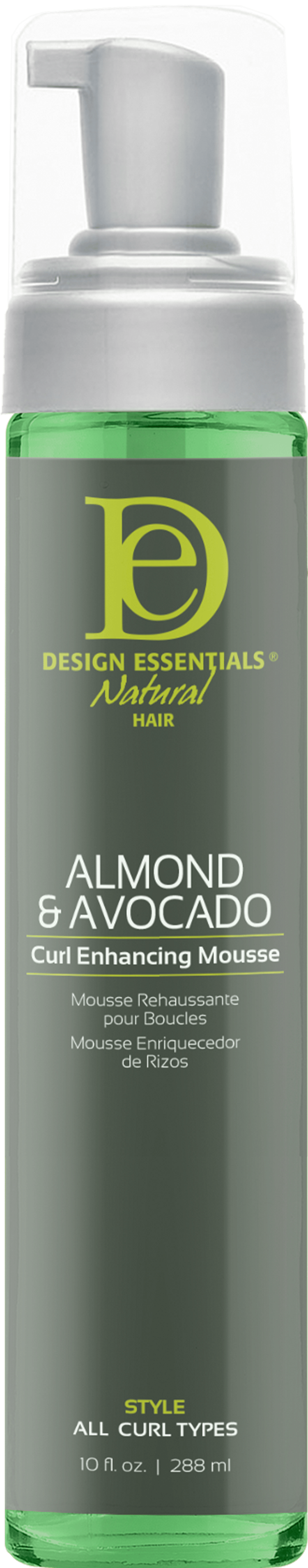 Design Essentials Almond & Avocado Curl Enhancing Mousse bottle with pump on a white background