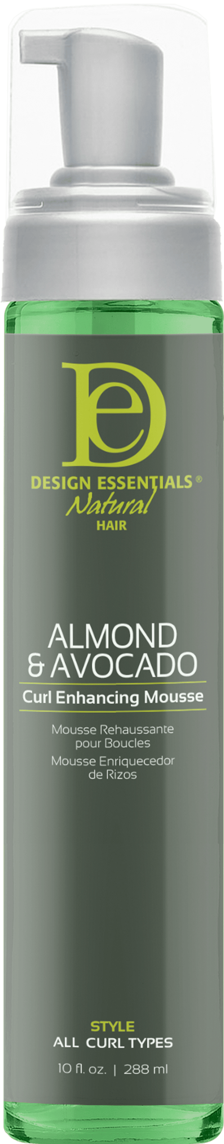 Design Essentials Almond & Avocado Curl Enhancing Mousse bottle with pump on a white background