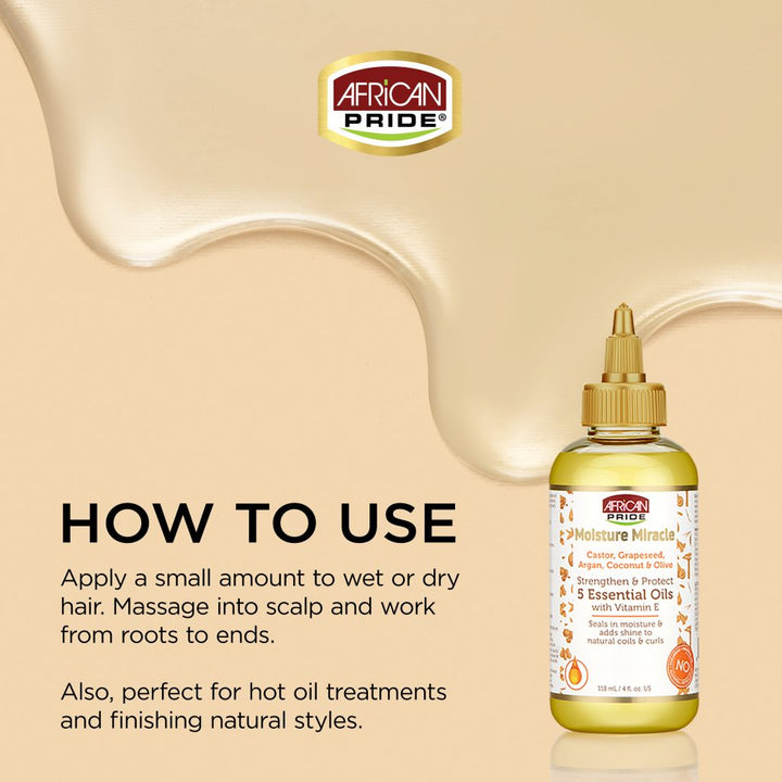 African Pride Moisture Miracle Castor, Grapeseed, Argan, Coconut & Olive 5 Essential Oils, 4oz