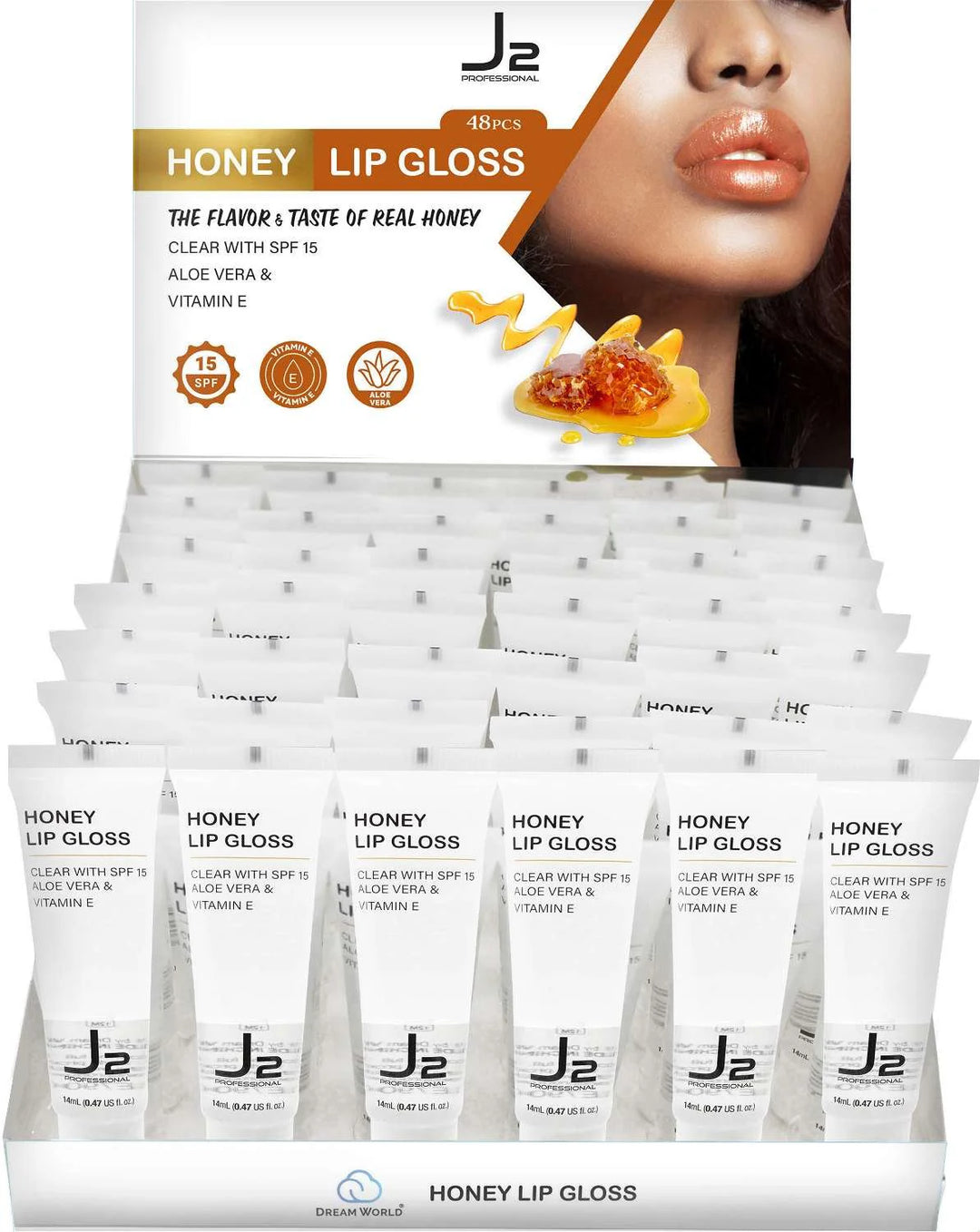 Dream World J2 Honey Lip Gloss, clear with SPF 15, Aloe Vera and Vitamin E