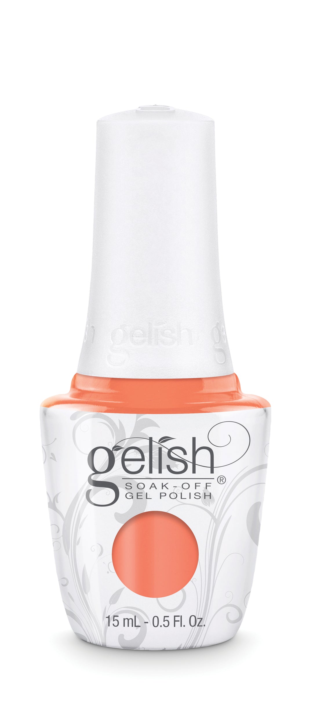 Gelish nail polish bottle with a white cap and orange polish visible on a white background