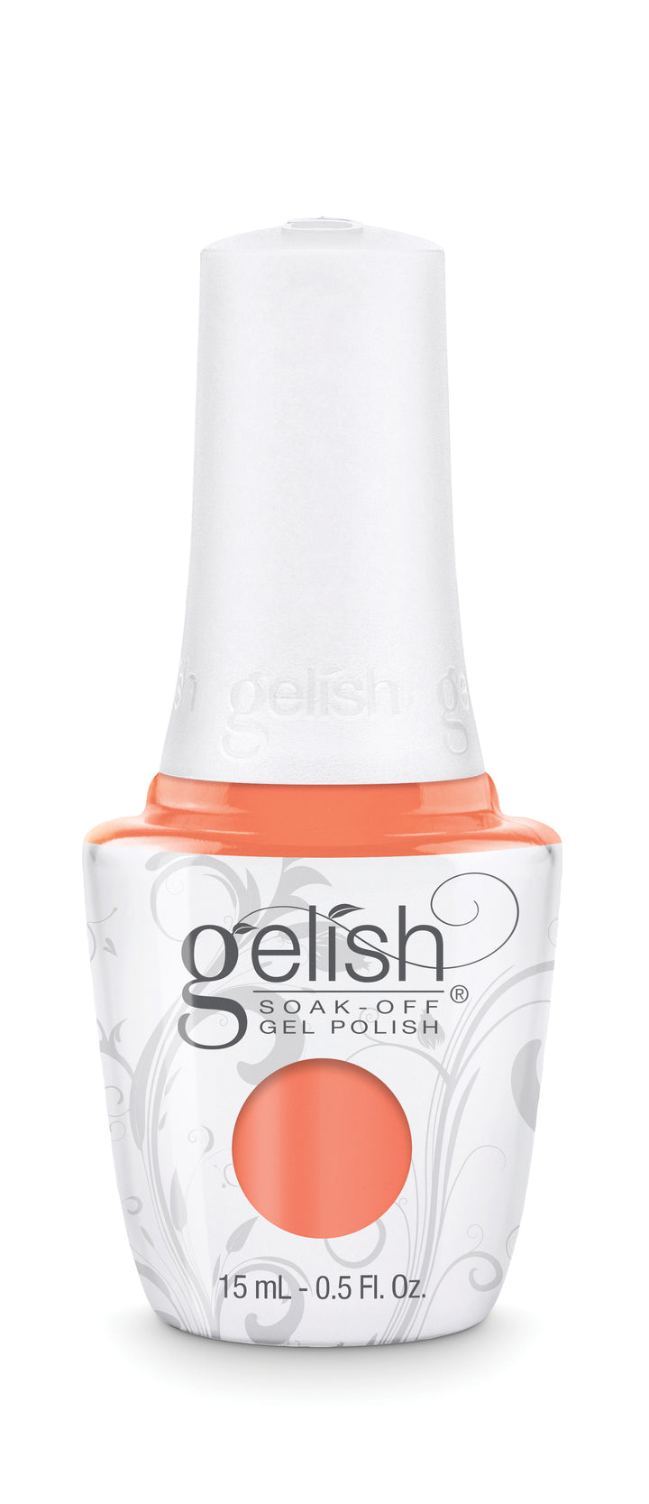 Gelish nail polish bottle with a white cap and orange polish visible on a white background